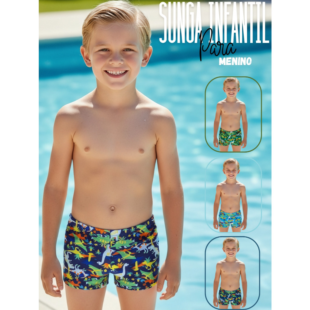 Sunga Boxer Menino Dinossauro UV 50+ Forrada Secagem Rápida Ideal Praia Piscina e Natação