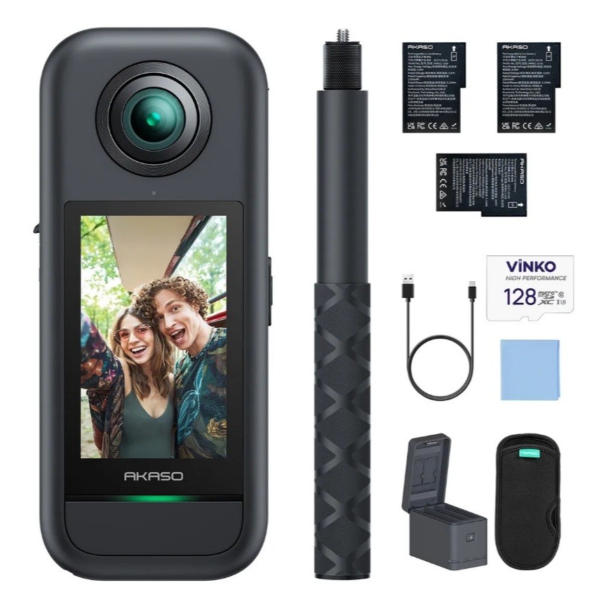 Câmera De Ação Akaso 360 5.7k,72mp Com Microsd 128g,2.29pol com suporte