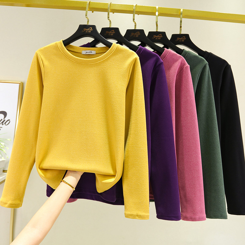 Camisa alemã de veludo com gola redonda, feminina, outono inverno, dupla face, veludo, quente, manga comprida, cor sólid