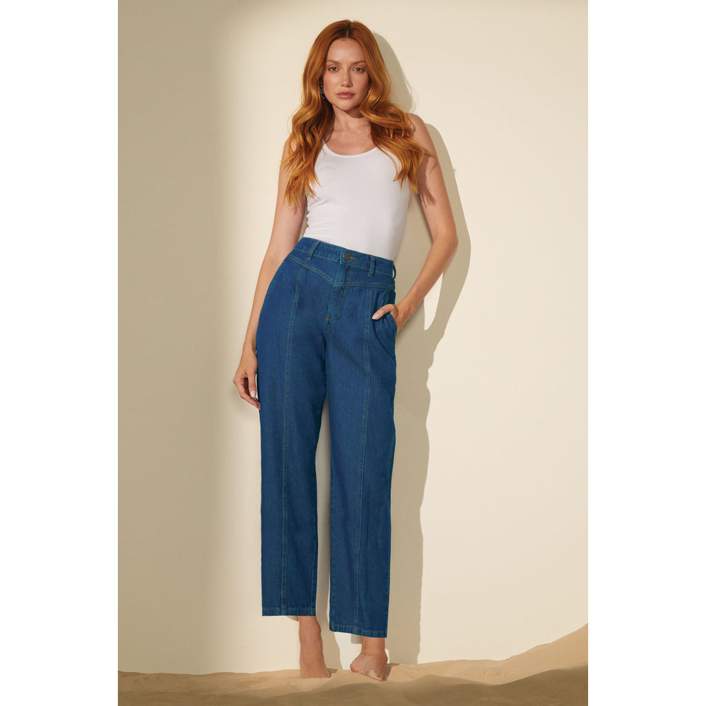 Calça Feminina Reta Jeans Recortes Marialícia Azul em Oferta na Shopee