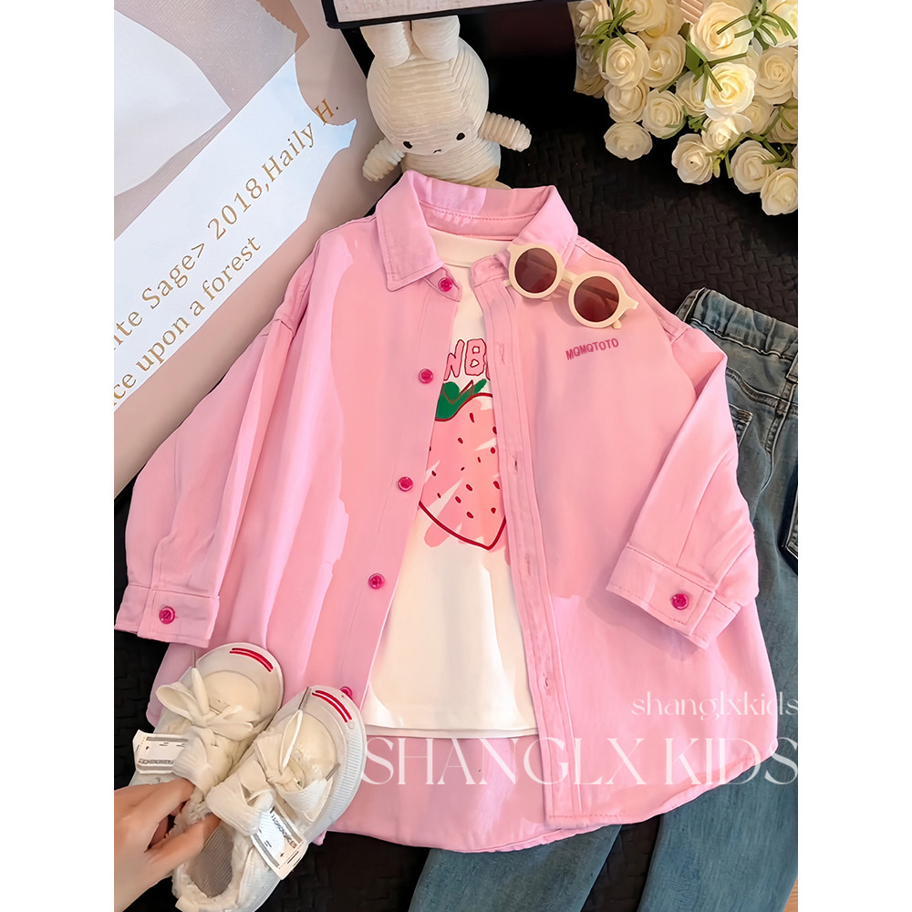 Meninas roupas de outono jaqueta de manga comprida rosa Denim camisa 2026 novo estilo grandes crianças outono topos roup