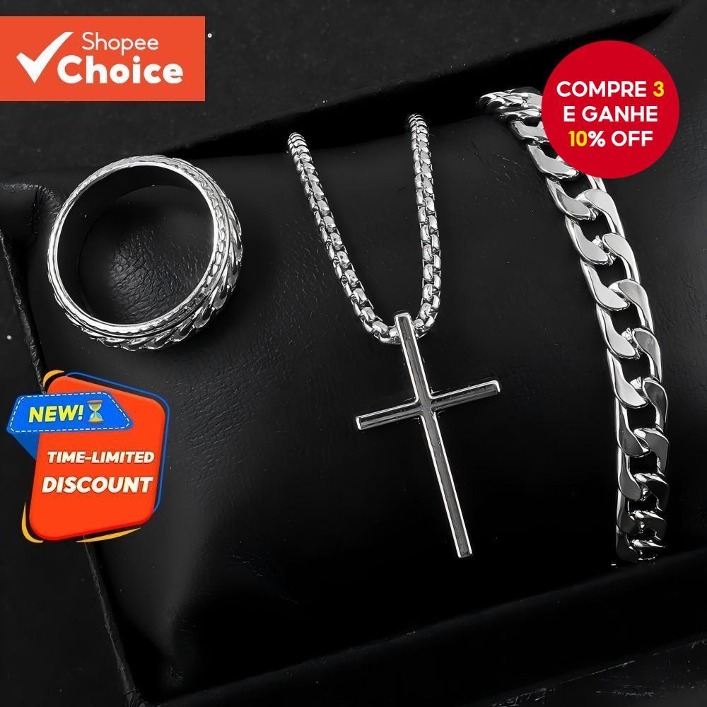 Conjunto De Joias Cruzadas De 3 Peças Para Mulheres , Pulseira De Corrente Cubana , Colar E Acessórios De Anel Presente