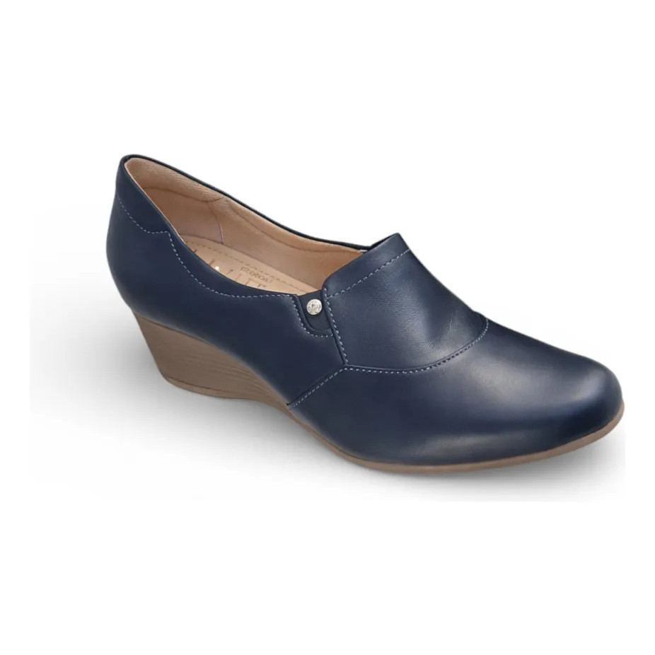 Sapato Feminino Neftali Anabela Couro Marinho Confortável Elegante Casual Moda Feminina