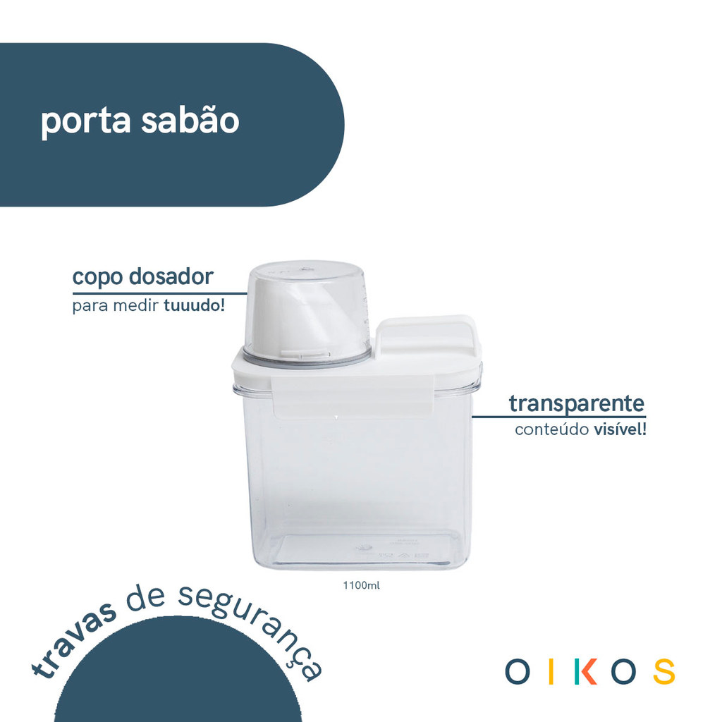 Porta sabão em pó 1,1L transparente com copo dosador e trava - Oikos · foto 2