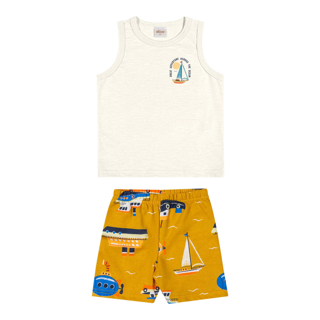 Conjunto Infantil Menino Barcos Elian Bege em Oferta na Shopee