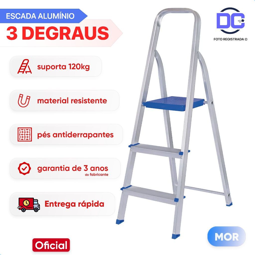 Escada 3 Degraus Alumínio Dobrável Resistente Doméstica Suporta 120kg MOR em Oferta na Shopee