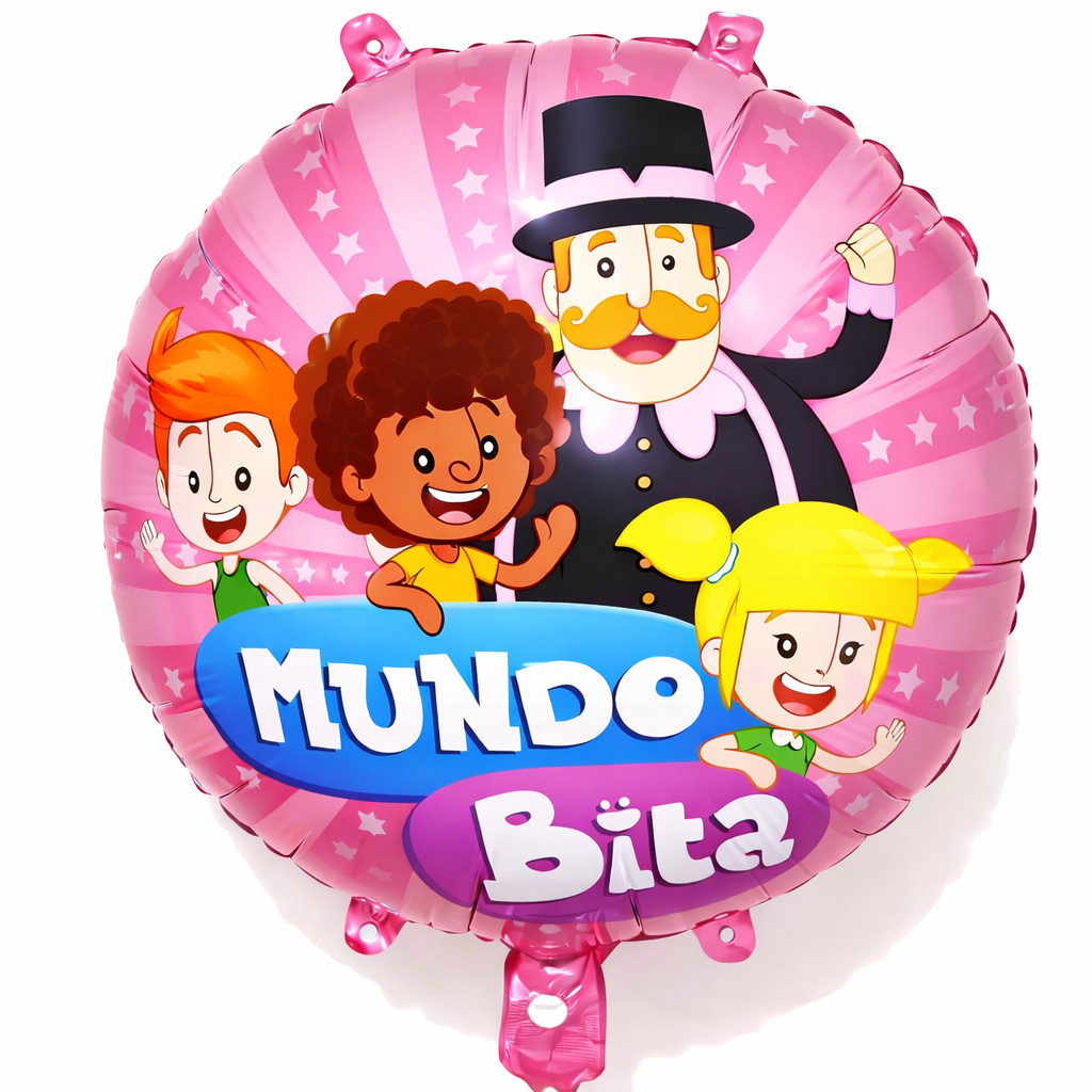 Kit 5  Balão Metalizado Mundo Bita ROSA 45cm Redondo Grande Decoração Festa Flutua com Gás Hélio