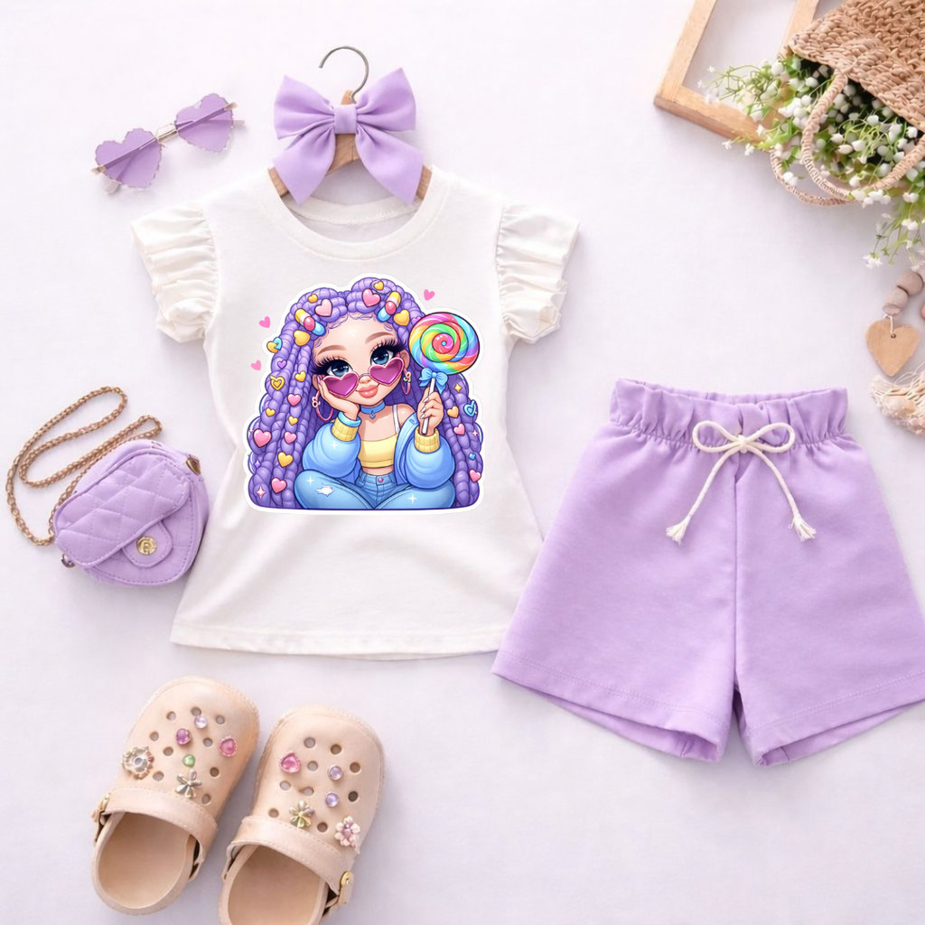 Conjunto Infantil Menina Blusa Branca Babado Estampa Boneca Fashion Candy + Short Lilás Roupa Infantil Estilosa