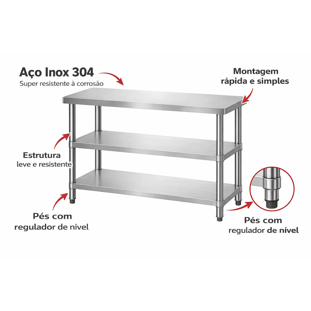 Mesa Industrial Inox Reforçada 3 prateleiras grade paneleiro para cozinha padaria gourmet