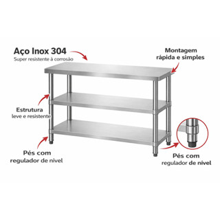 Mesa Industrial Inox Reforçada 3 prateleiras grade paneleiro para cozinha padaria gourmet em Oferta na Shopee