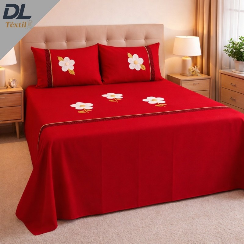 Jogo de Lençol Casal Box Bordado 3 Peças Oxford  Floral Com 2 Fronhas Colcha Casal Sem Babado