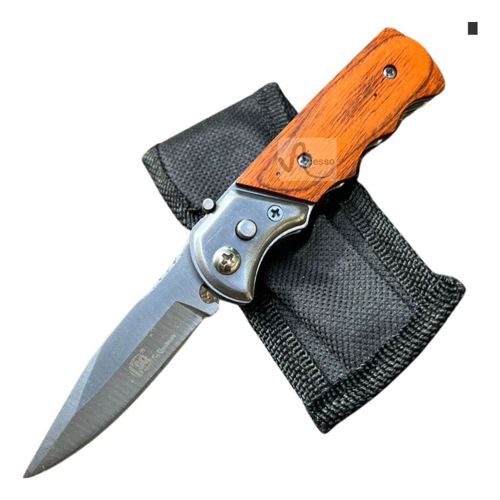 Canivete Automático SQ 14,7cm Aço Inoxidável Pesca Camping Madeira com Bainha com Suporte para Cinto