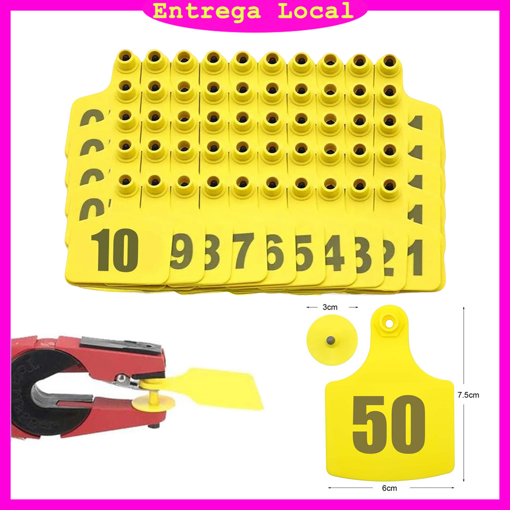 50 Peças para Bezerros Brincos de Identificação para Vacas, Porcos, Cabras, Animais, Amarelo número de 001 - 050