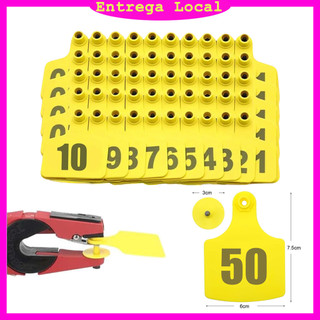 50 Peças para Bezerros Brincos de Identificação para Vacas, Porcos, Cabras, Animais, Amarelo número de 001 - 050