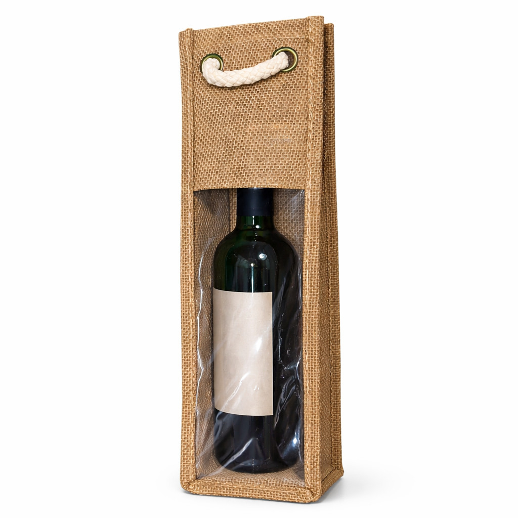 Porta Garrafa de Vinho em Juta com Visor Transparente Artesanato Embalagem Premium para Presente