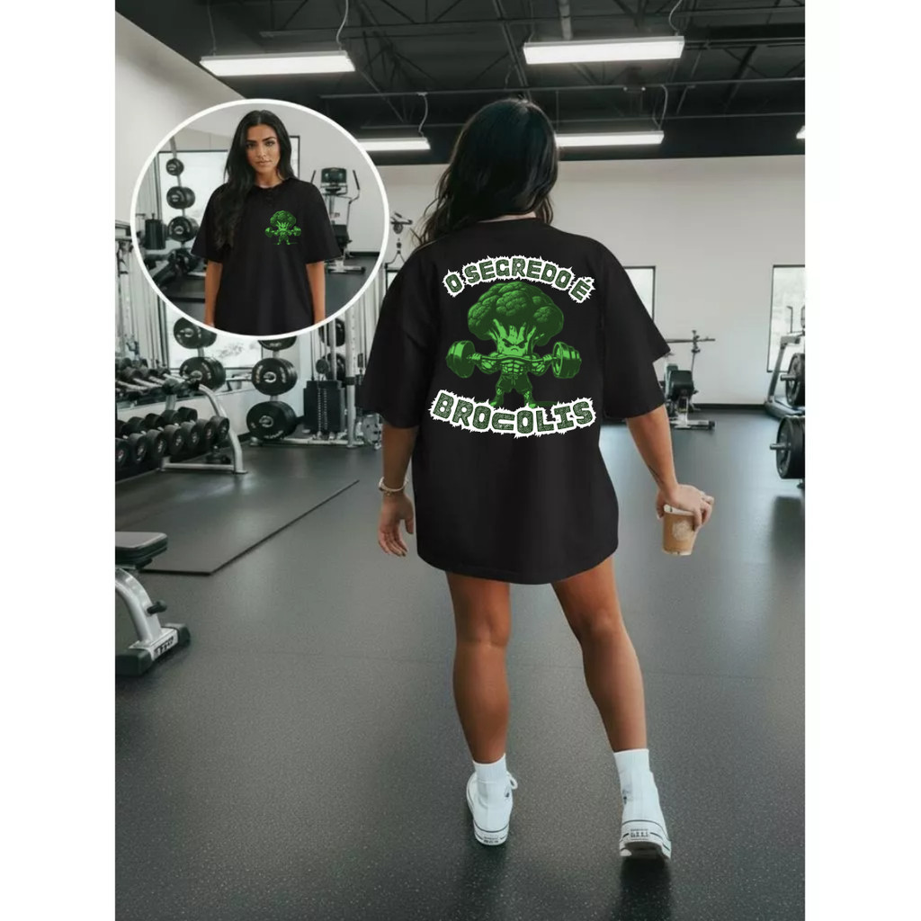 Camiseta Oversized Academia Brocolis Estilosa Confortável Divertida Fitness