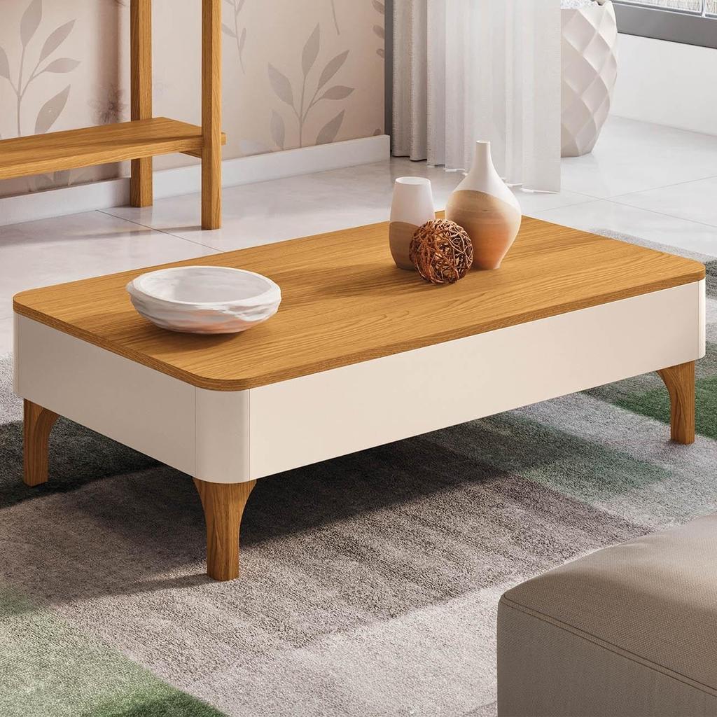 Mesa de Centro Baixa para Sala Pé Madeira Liz Off/Cinamomo - Hb Móveis