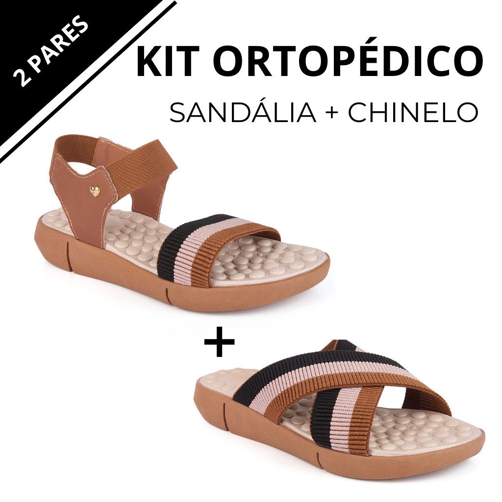 Kit 2 Pares Chinelo Feminino + Sandália Feminina Ortopédica Palmilha Massageadora Casual Confortável