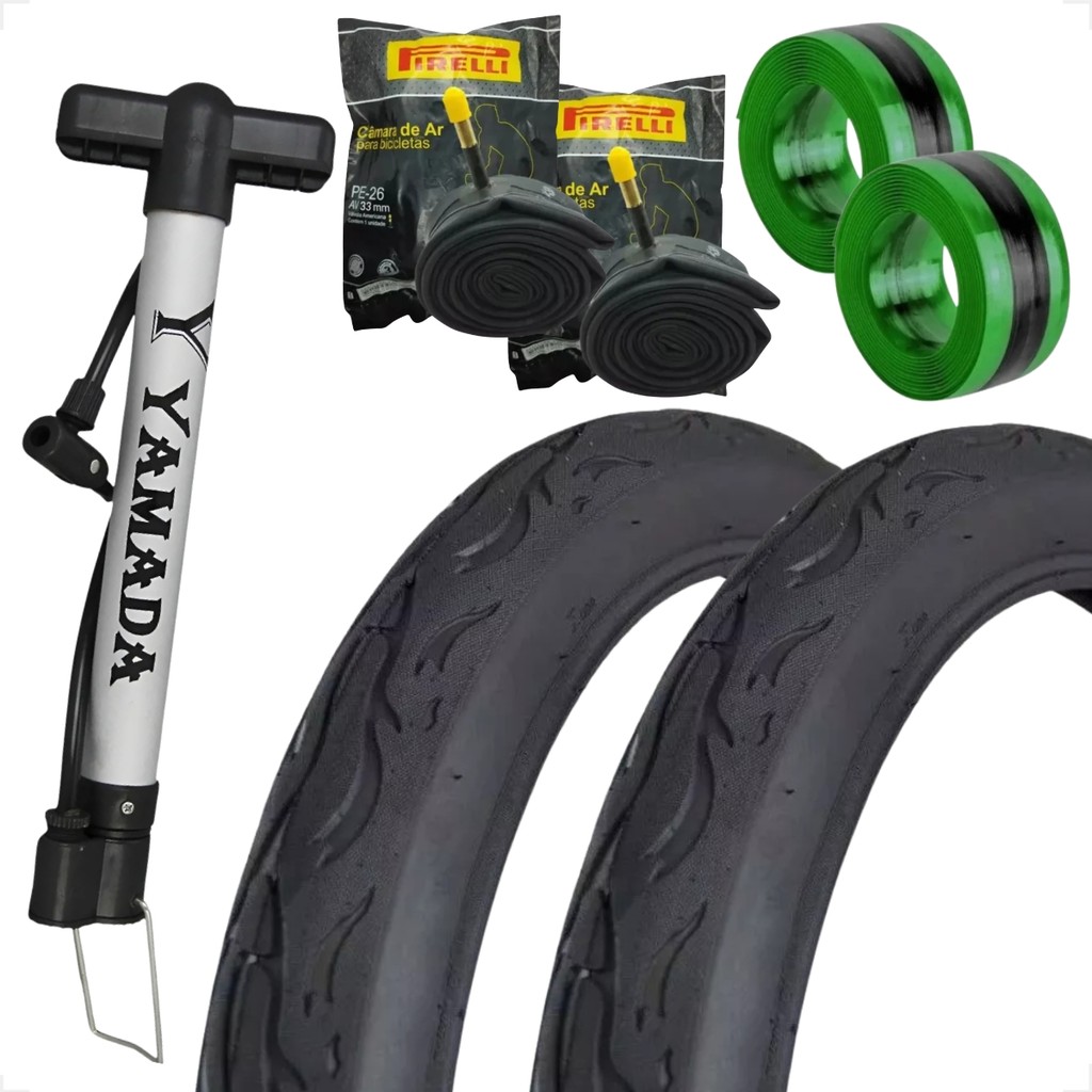 Par Pneu Bicicleta Pirelli Tornado Beta Flame Aro 26 x 2.125 + Camaras Pirelli Bomba fita anfituro
