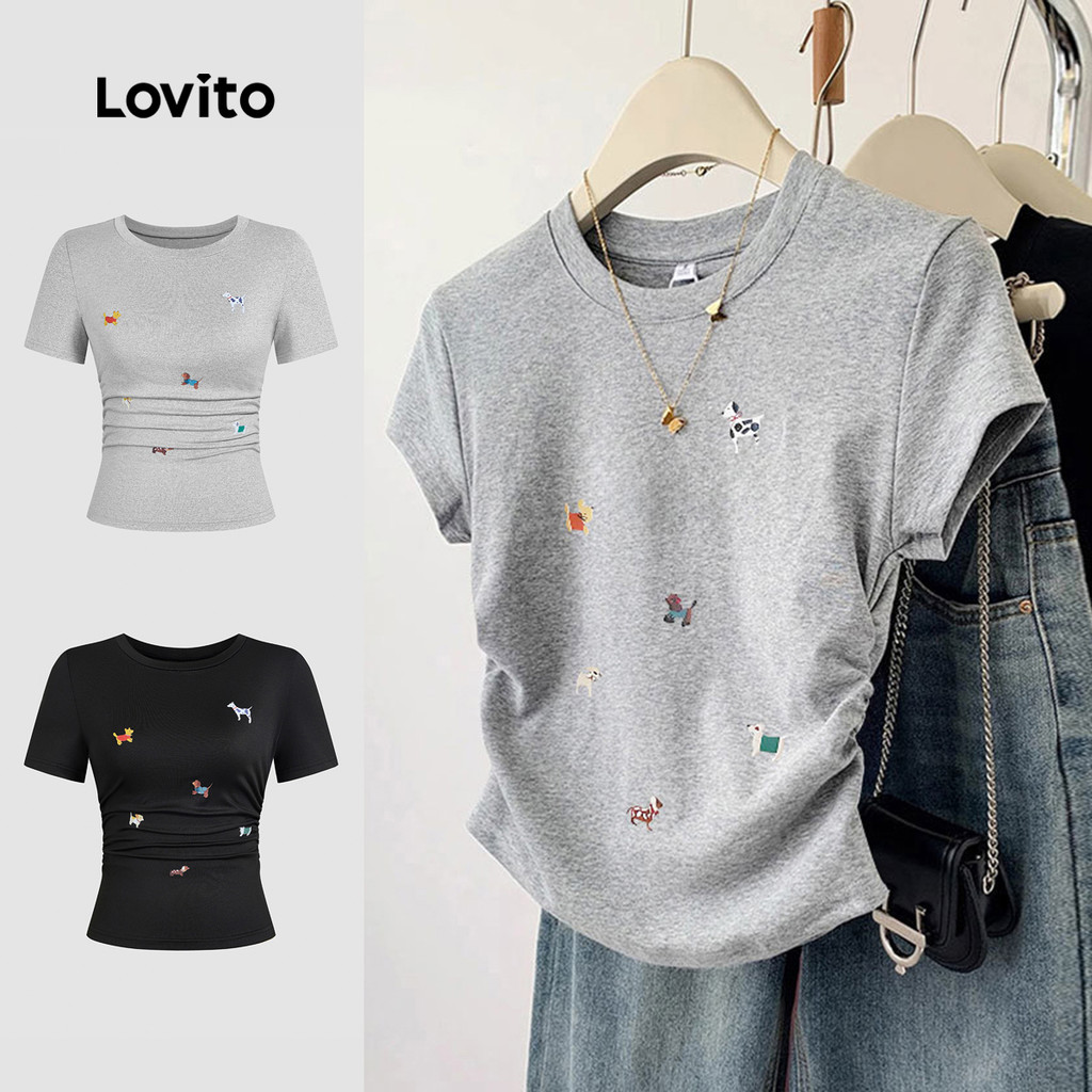 Lovito  Casual T-shirt Padrão Simples Lazer Primavera/verão Camiseta Preta para mulheres. L179AD107 em Oferta na Shopee