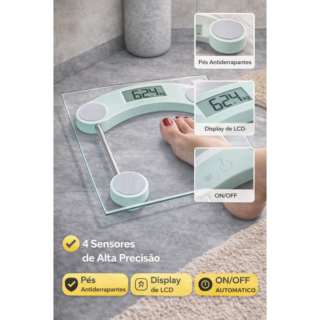 Balança Corporal Digital, Vidro Temperado, até 180kg, LCD, Alta Precisão, 4 Sensores, Seven Home