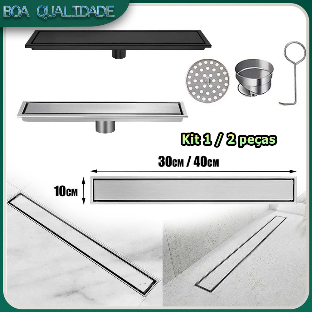Kit Ralo linear para chuveiro ralo embutido ralo retangular de aço inoxidável para chuveiro com tela filtrante 30/40cm