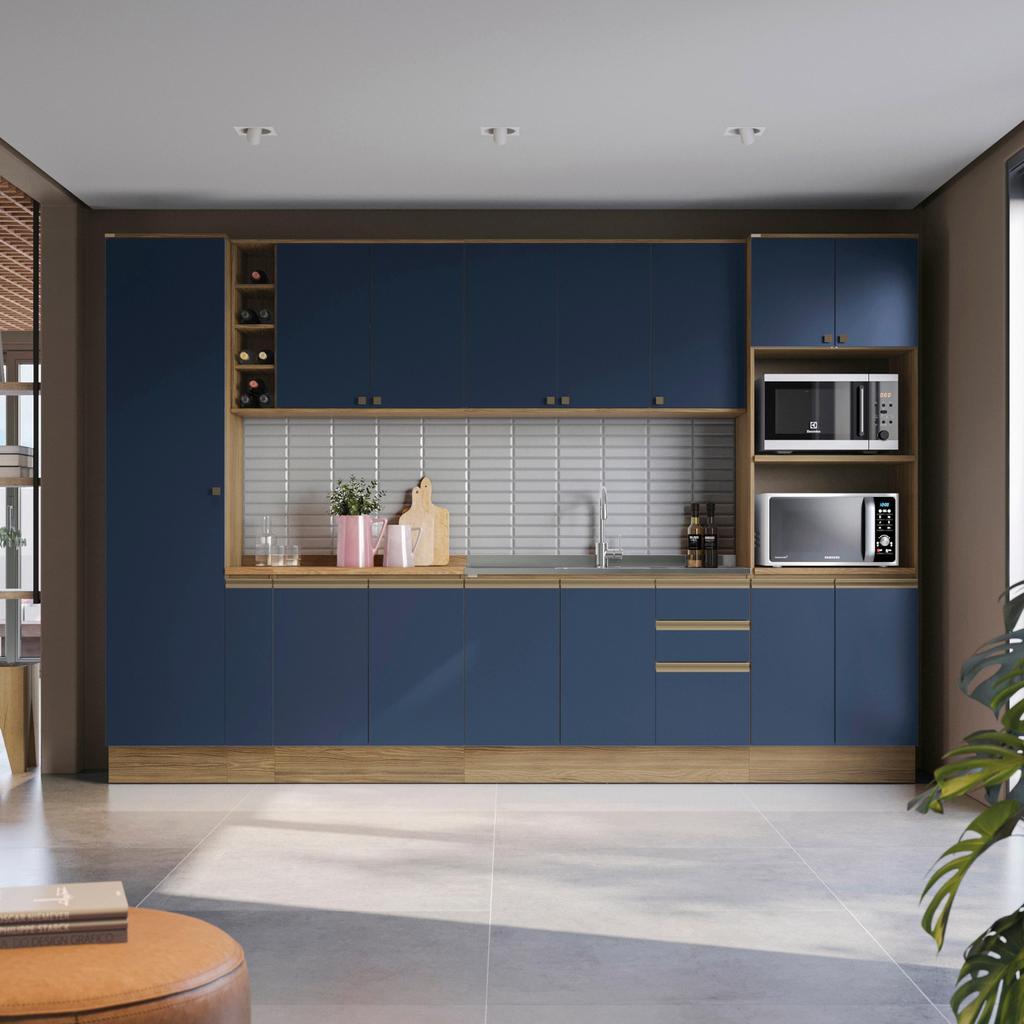 Cozinha Modulada Celeste Kappesberg 100% MDF Nogueira/Azul 340cm