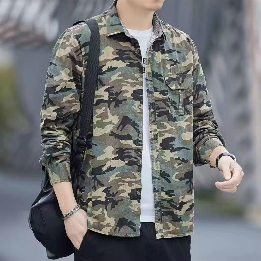 Primavera outono camisa de manga comprida masculina magro-ajuste polegada camisa não-ferro camuflagem jaqueta negócios r