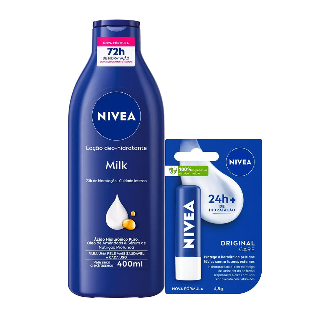 Kit Nivea Hidratante Corporal Nivea Milk 400ml + Hidratante Labial Original Care 4,8g em Oferta na Shopee