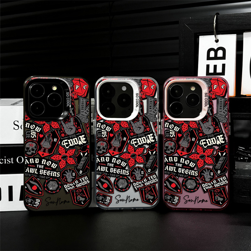 Capinha Capa De Personalizado Com Nome Stranger Things Elementos Pattern Para iPhone 17 16 13 12 11 Pro Max 15 Plus capa