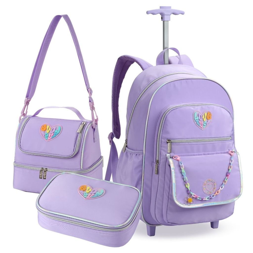 Kit Mochila Escolar com Rodas e Estojo Box Lancheira Lilás Material Conjunto Lápis Caneta Colorido