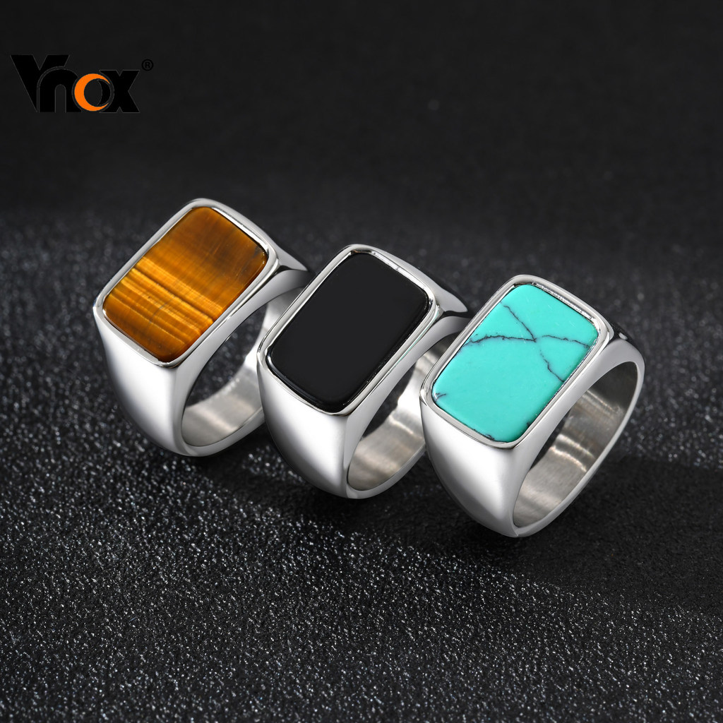 Anel De Sinete De Pedra De Vidro Geométrico De Aço Inoxidável Masculino Retrô Vnox , Superior Retangular À Prova D'água em Oferta na Shopee