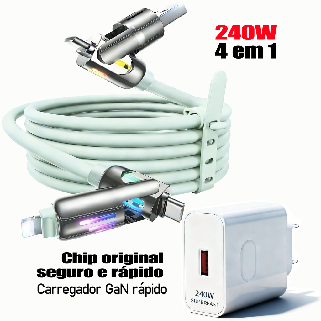 Carregador 240W Carregamento Rápido + Cabo USB-C 4 em 1 Silicone | 3 Opções: Apenas Cabo/Apenas Fonte/Combo | Cabo 1m/2m em Oferta na Shopee