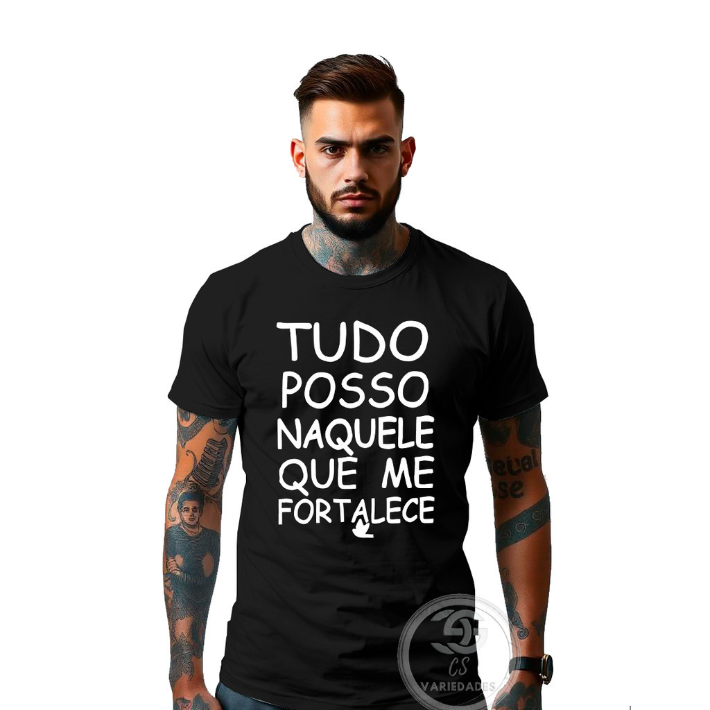 01 Camiseta TUDO POSSO Religiosa Unissex Camisa Tudo Posso Naquele Abençoado Evangélica Gospel - Envio Rápido - WL