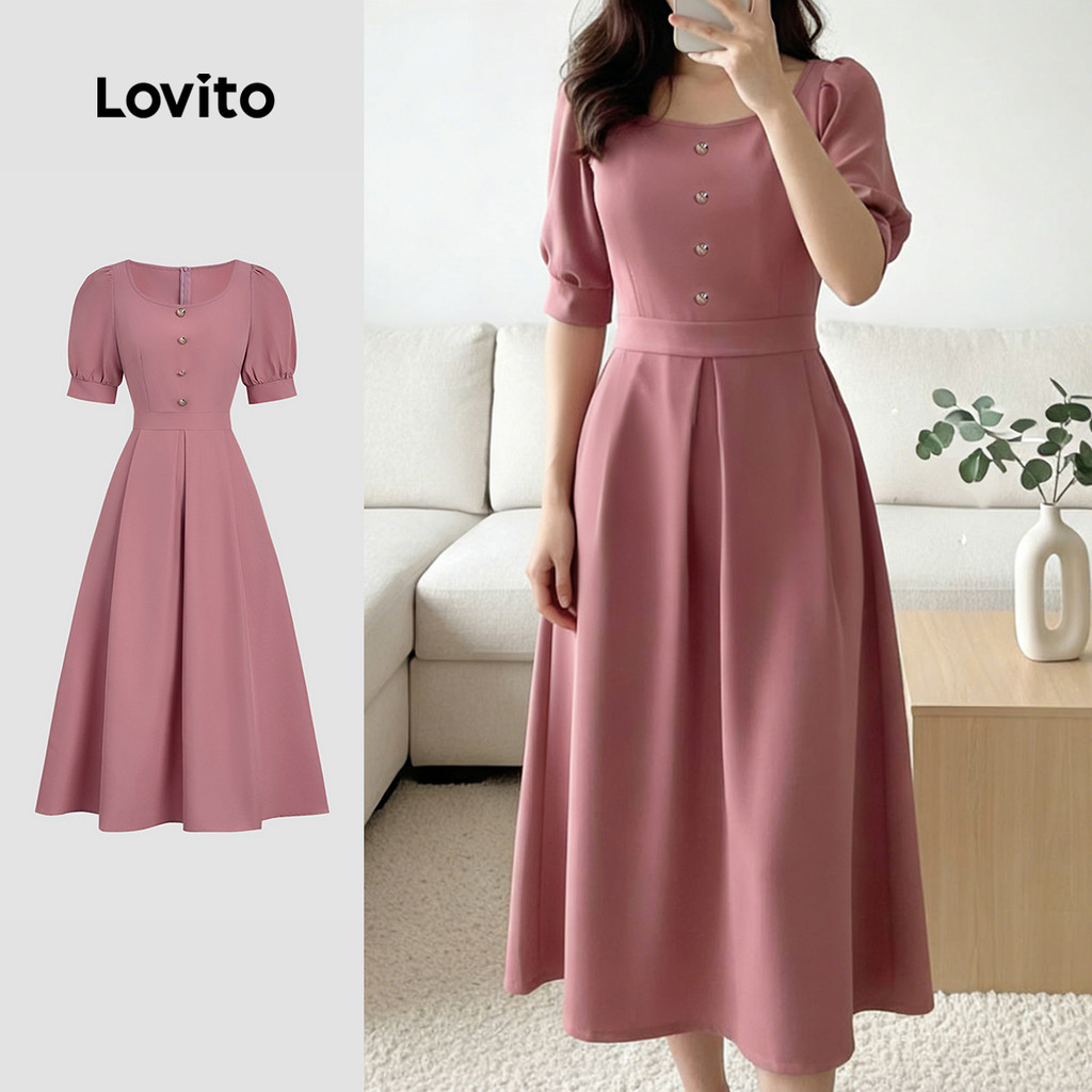 Lovito  Vestido Casual com Zíper e Botões Na Frente Espartilho Primavera/verão Rosa para Mulheres. LBL32061