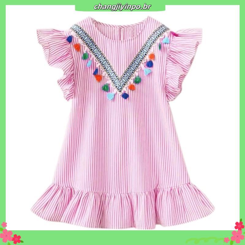 Vestido Infantil Azul Claro Listrado Invertido Manga Com Babado Festas Aniversário Luxo
