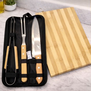 Kit Churrasco Tábua Madeira 26X36 C/ Garfo Faca Pegador com estojo Inox presenteavel moderno em Oferta na Shopee