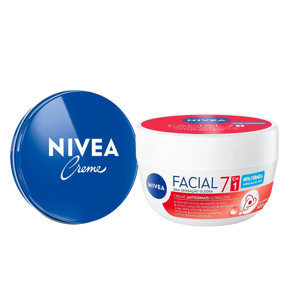 Kit Nivea Care Creme Hidratante Latinha Azul 56g + Hidratante Facial Antissinais 7 em 1 100g