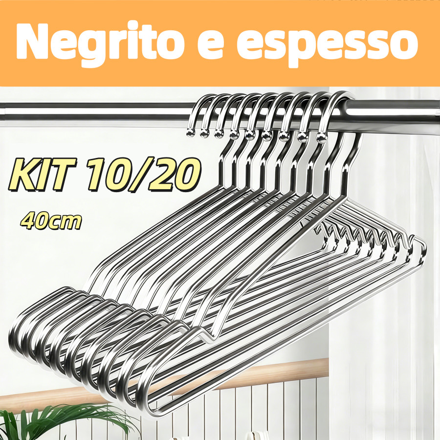 Kit com 20 ou 10 Cabides de Aço Inox 40cm, Aço Grosso, Promoção por Atacado