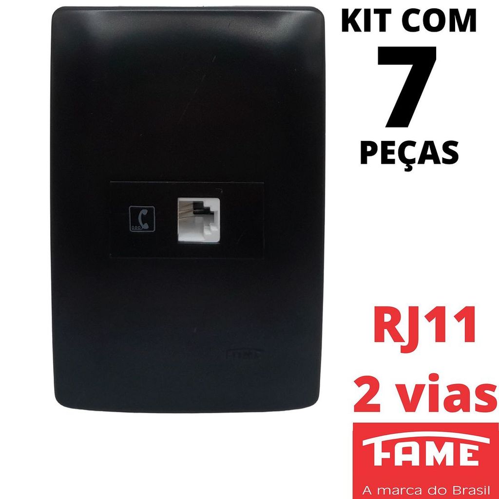7un Tomada Telefone Interfone RJ11 2 Vias Com Placa 4x2 Habitat Black Preto FAME