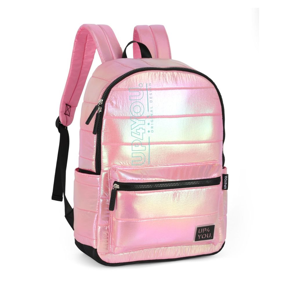 Mochila Costas Juvenil Nailon Matelassê Puffer Rosa Metalizado Up4you