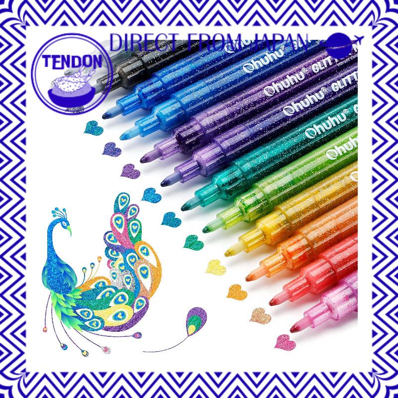 Ohuhu Canetas com Glitter Canetas à Base d’Água Conjunto com 12 Cores Marcadores Gliter Metálico 0,7–2 mm Para Colorir