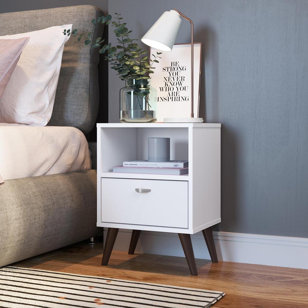Mesa de Cabeceira Nicho Funcional 39cm com Gaveta e Pés Palito Retrô Branca em Oferta na Shopee