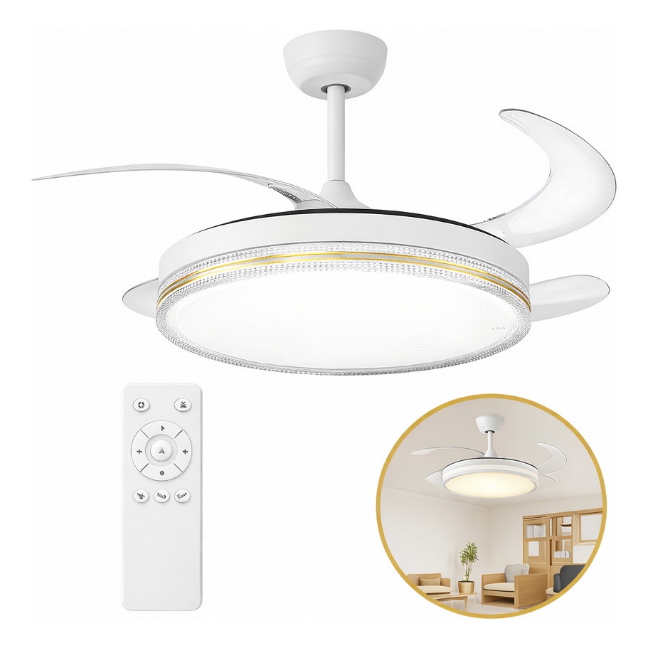Ventilador Luminária Pás Retráteis Teto Silencioso C/ Timer