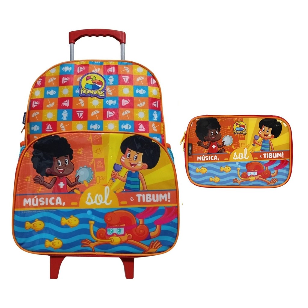 Kit Mochila Escolar de Carrinho Infantil + Estojo Dermiwil 3 Palavrinhas