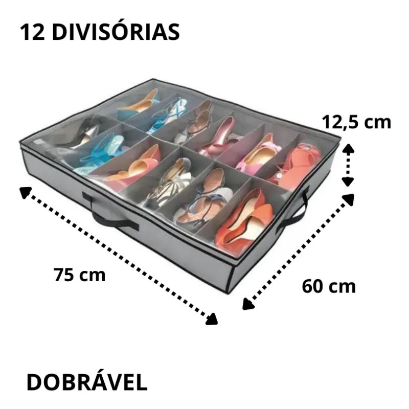Colméia Organizadora Sapato Grande com Tampa Transparente e fechamento com Zíper 12 divisórias