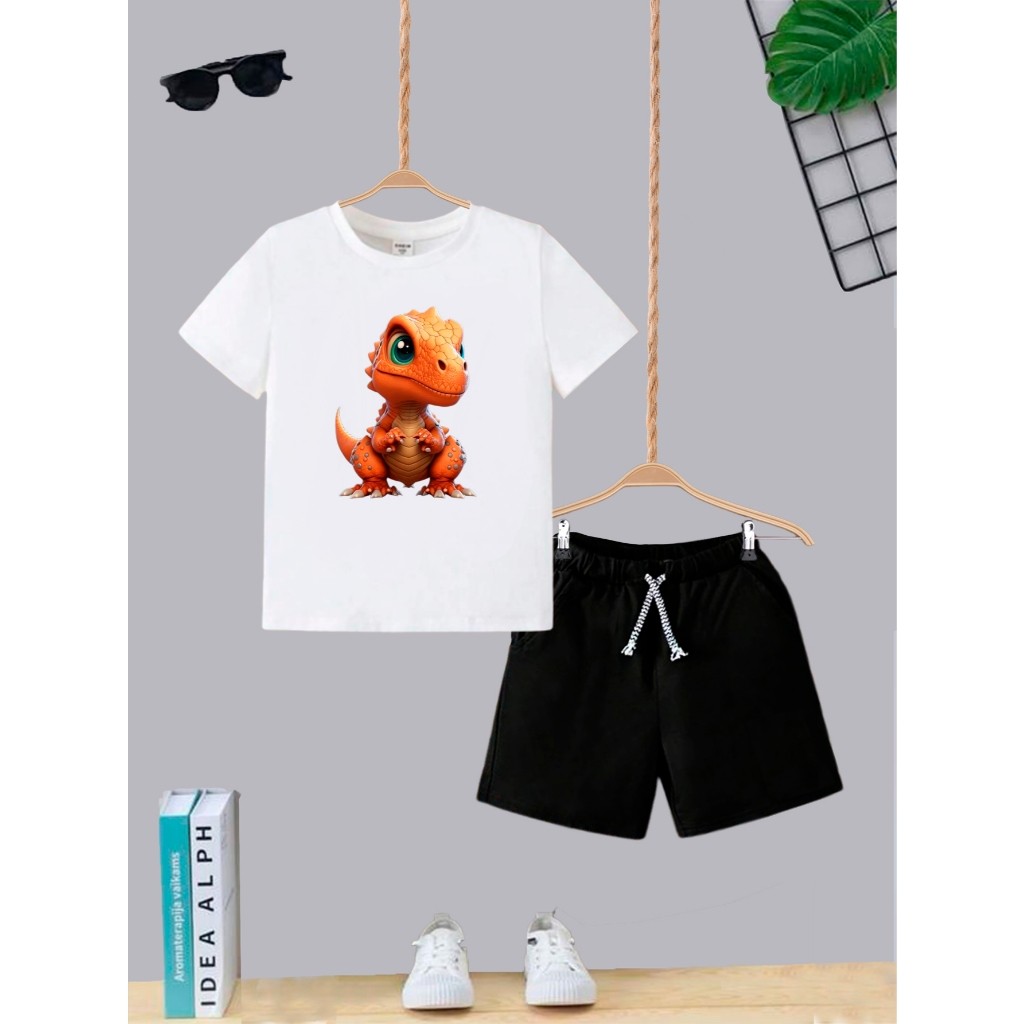 Kit Conjunto Infantil Masculino Short e Camiseta Estampas Dinossauro Novo Passeio 2 ao 16
