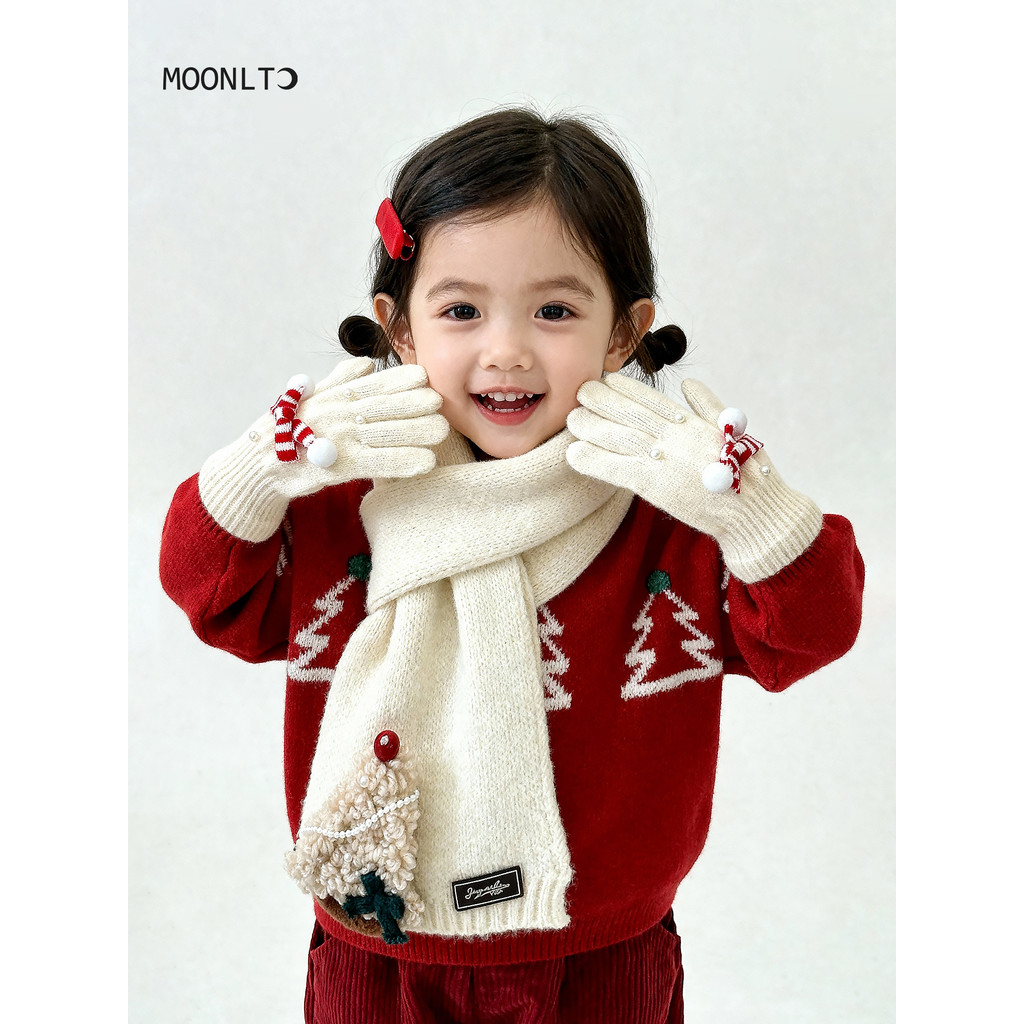 Natal crianças cachecol luvas conjunto inverno quente meninos meninas bebê férias vermelho malha lã cachecol
