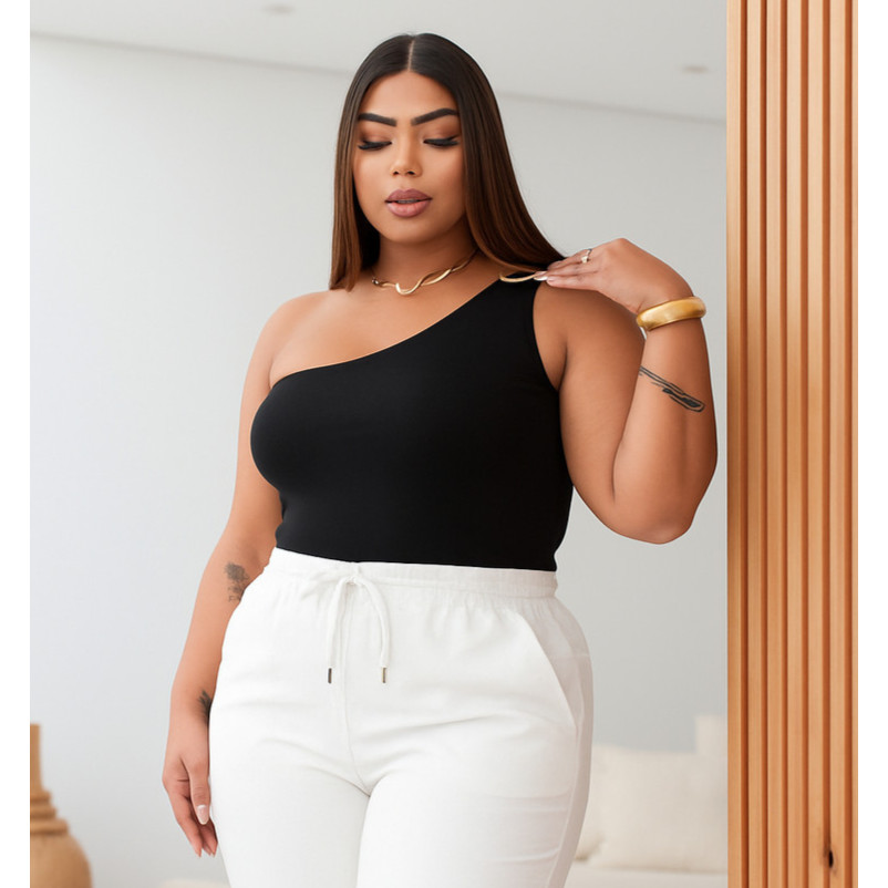 Blusa Feminina Um Ombro Plus Size com Fivela Dourada Manga Nula Mula Manca em Oferta na Shopee