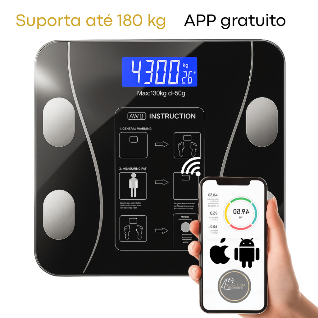 Balança Bioimpedância Medidora Corporal Bluetooth Digital Até 180 Kg